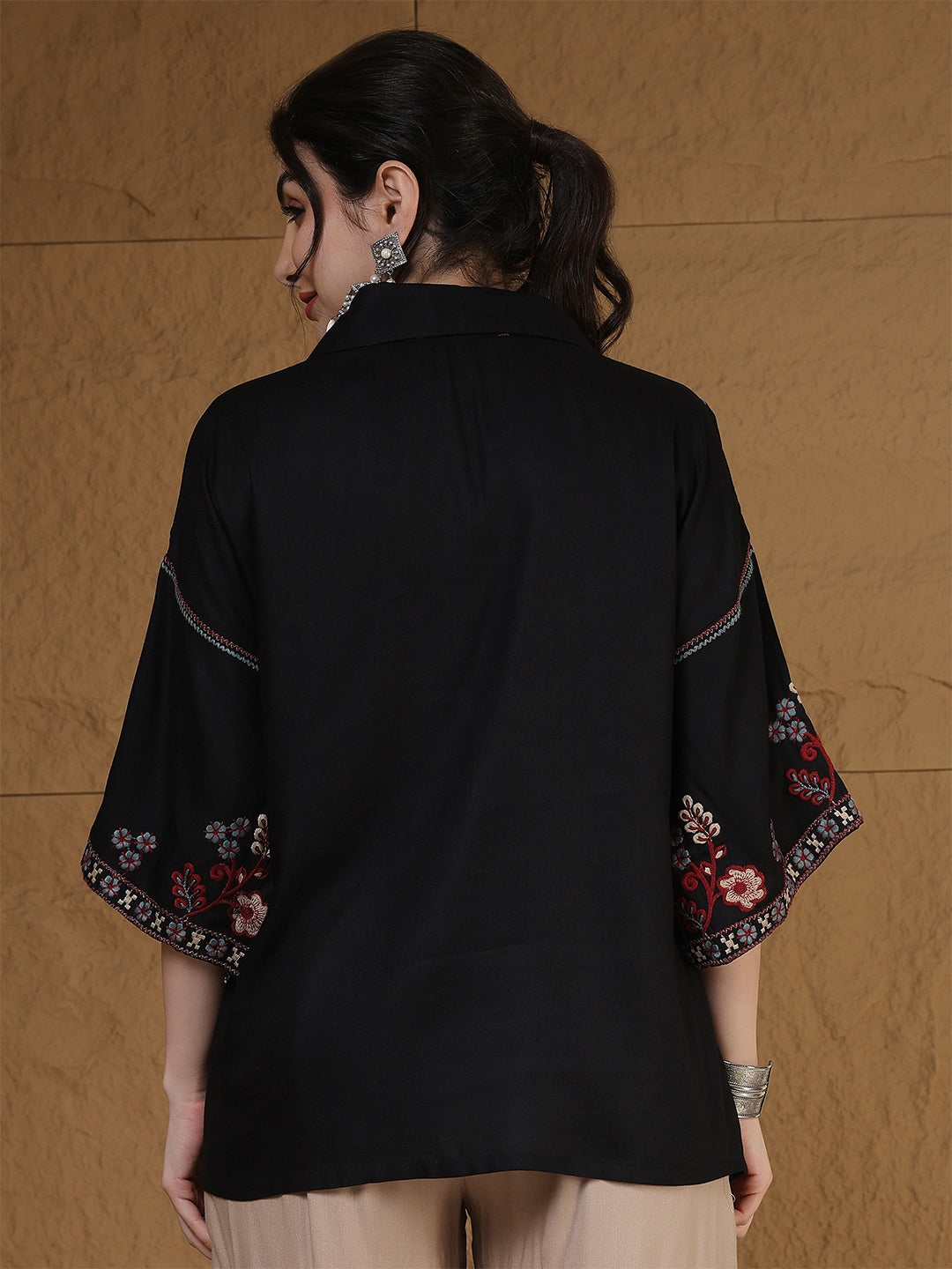 Rayon Hip Length Solid 3/4 Sleeves Shirt Collar Flared Top