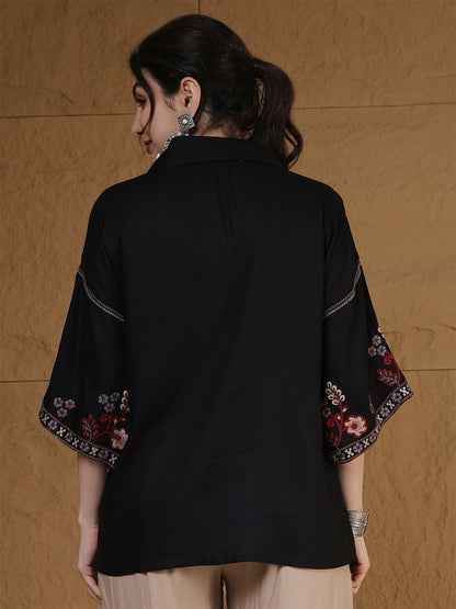 Rayon Hip Length Solid 3/4 Sleeves Shirt Collar Flared Top