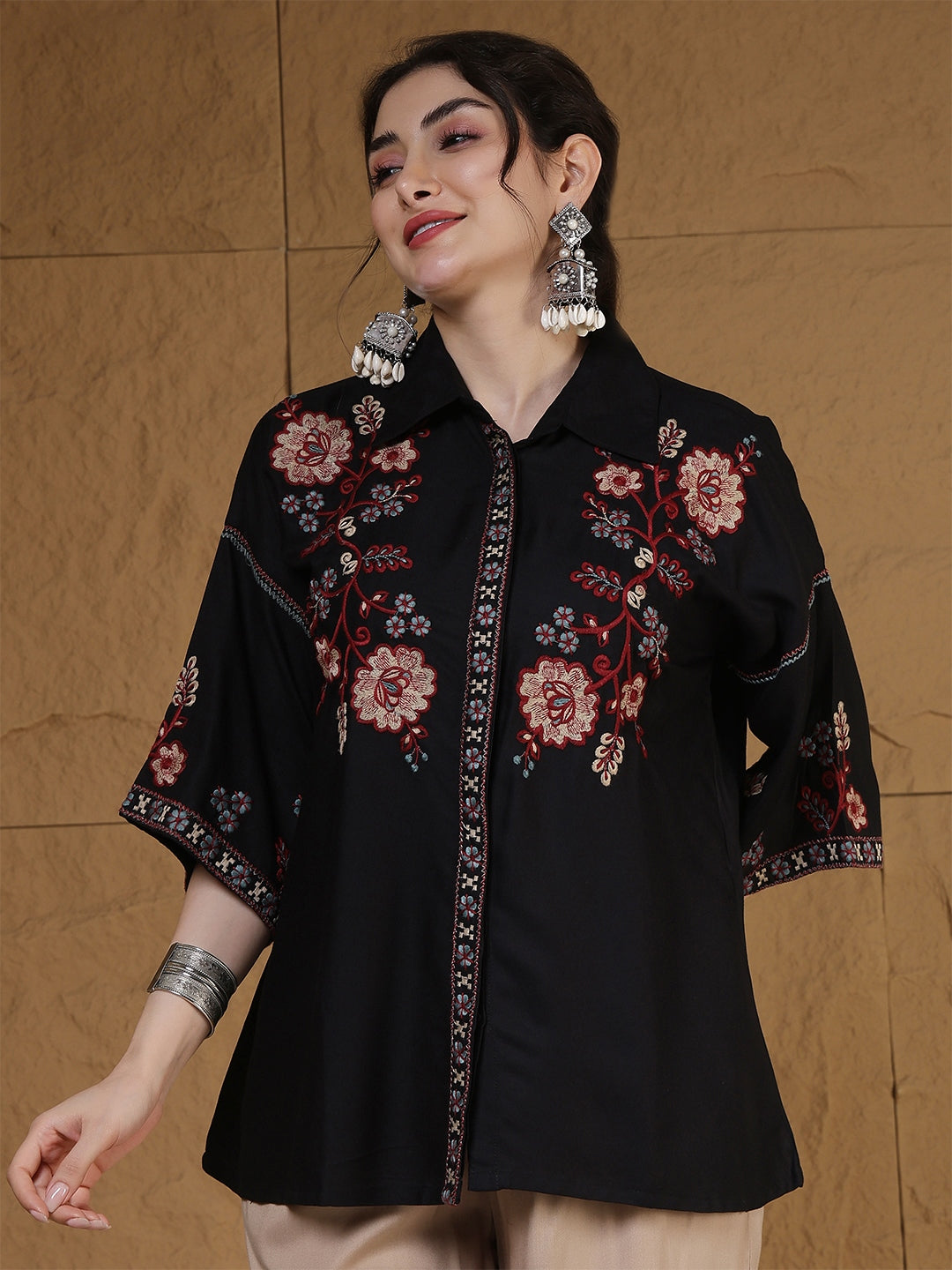 Rayon Hip Length Solid 3/4 Sleeves Shirt Collar Flared Top