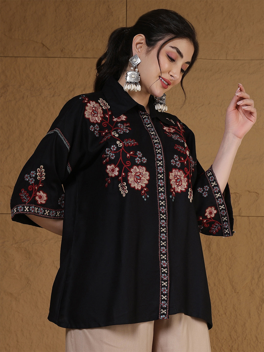 Rayon Hip Length Solid 3/4 Sleeves Shirt Collar Flared Top