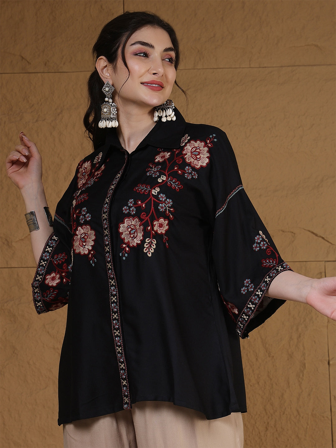 Rayon Hip Length Solid 3/4 Sleeves Shirt Collar Flared Top