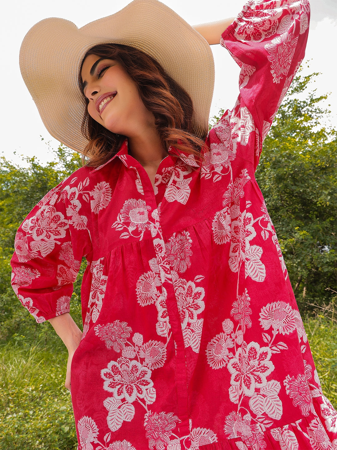 Cotton Knee Length Printed 3/4 Sleeve Shirt Collar Flared Dress