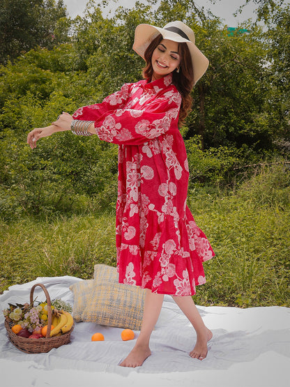 Cotton Knee Length Printed 3/4 Sleeve Shirt Collar Flared Dress