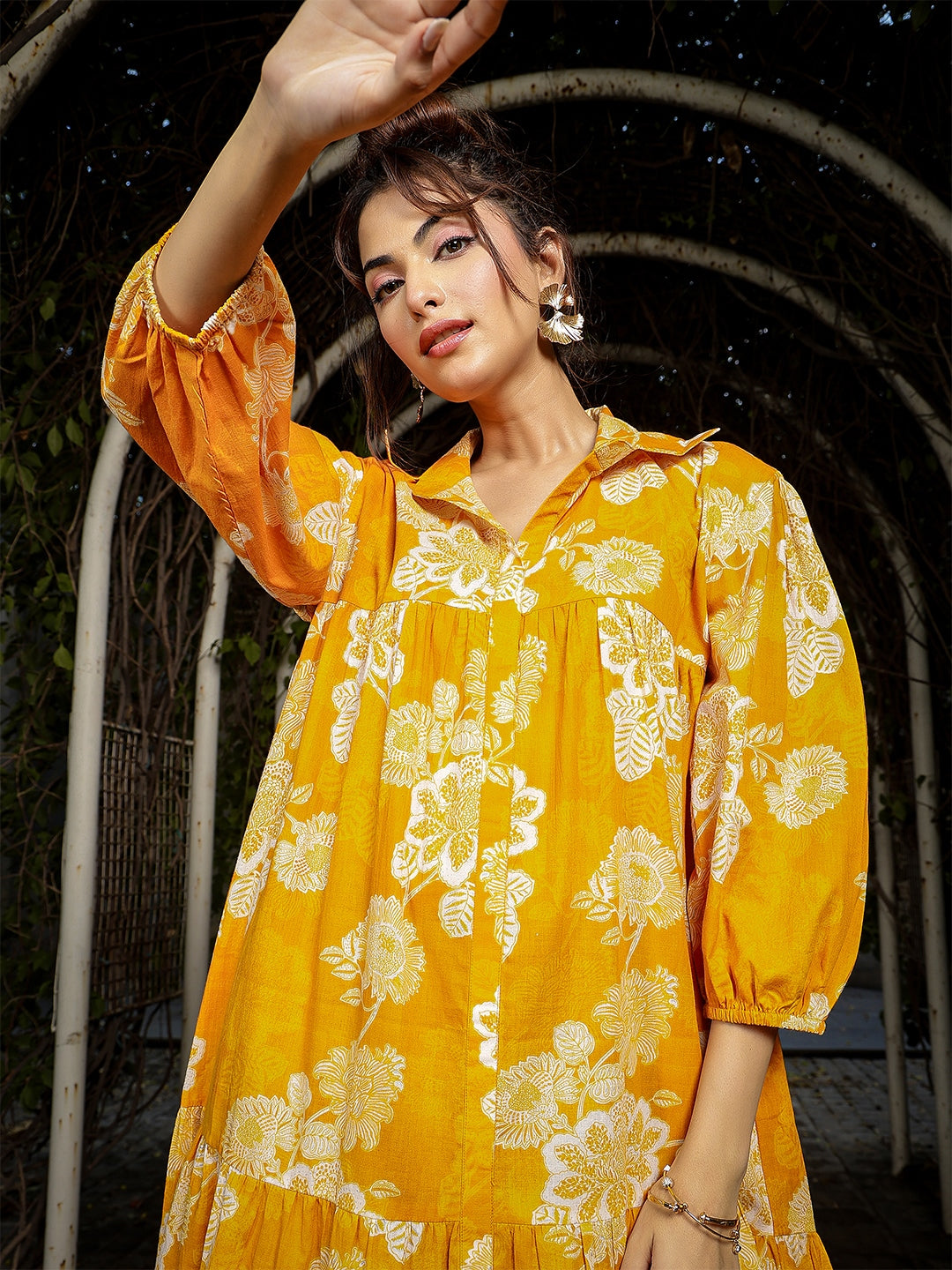 Cotton Knee Length Printed 3/4 Sleeve Shirt Collar Flared Dress