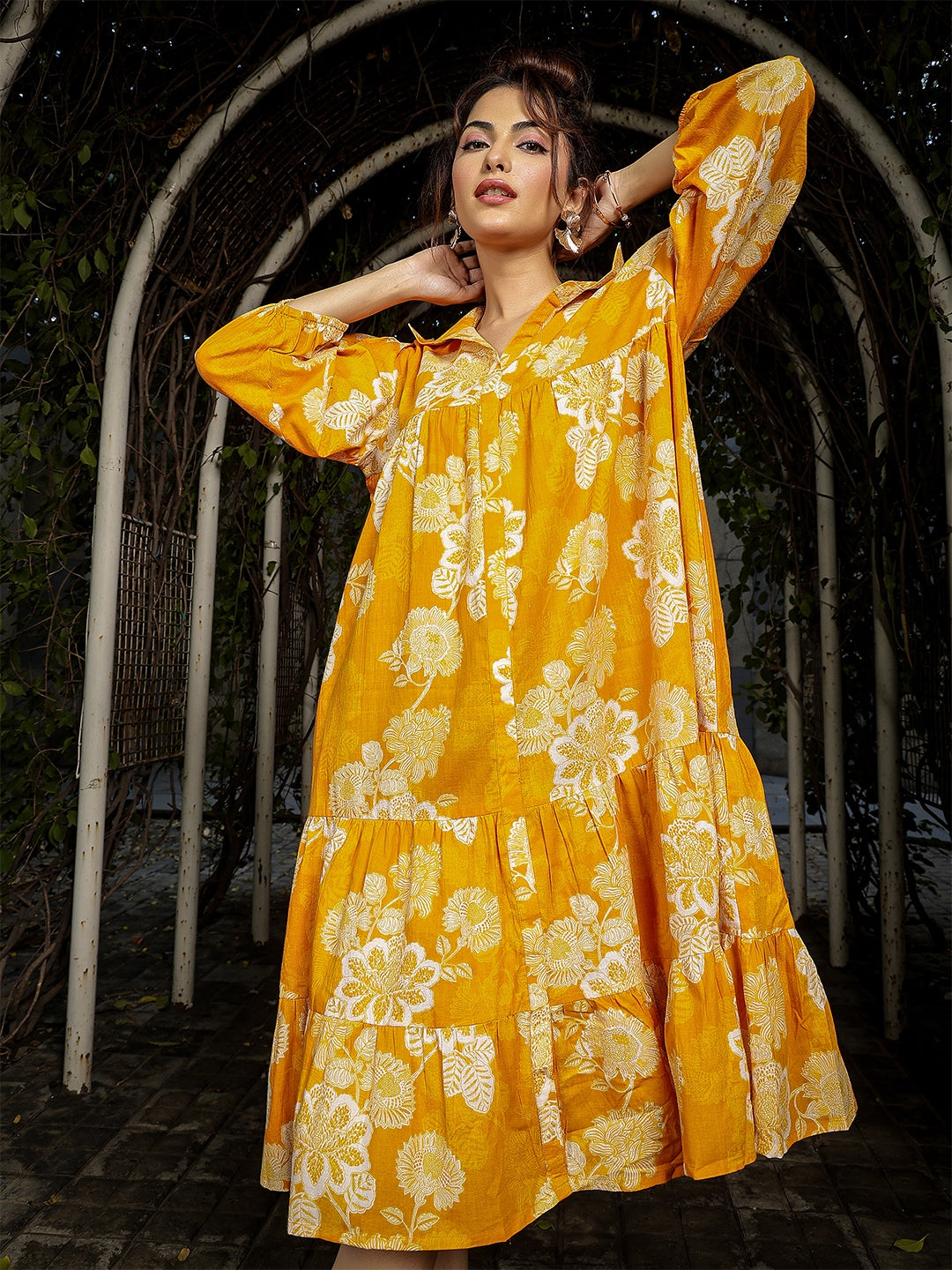 Cotton Knee Length Printed 3/4 Sleeve Shirt Collar Flared Dress