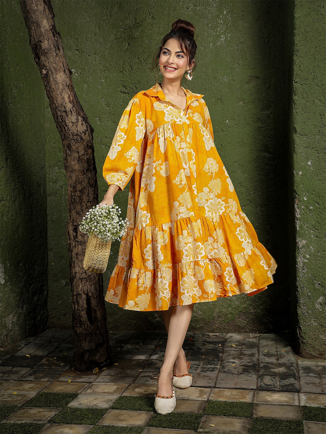 Cotton Knee Length Printed 3/4 Sleeve Shirt Collar Flared Dress (Preorder)