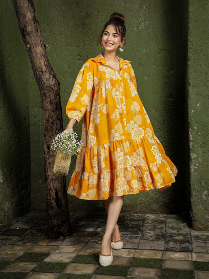 Cotton Knee Length Printed 3/4 Sleeve Shirt Collar Flared Dress (Preorder)