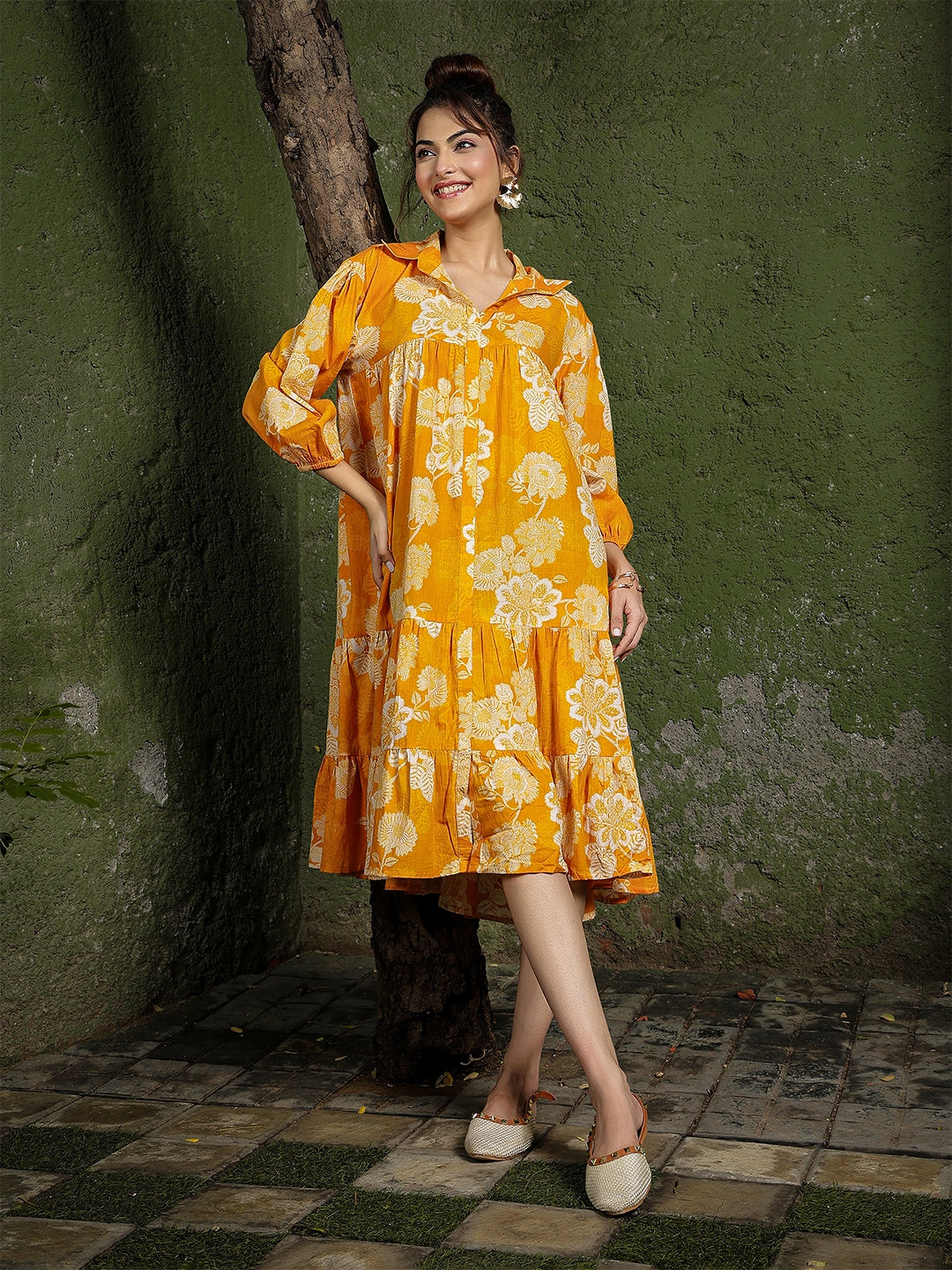 Cotton Knee Length Printed 3/4 Sleeve Shirt Collar Flared Dress