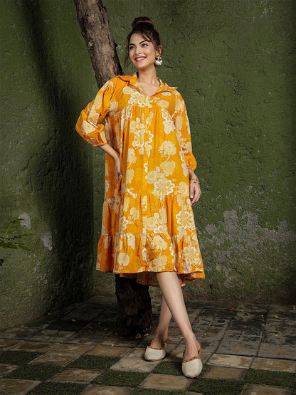 Cotton Knee Length Printed 3/4 Sleeve Shirt Collar Flared Dress