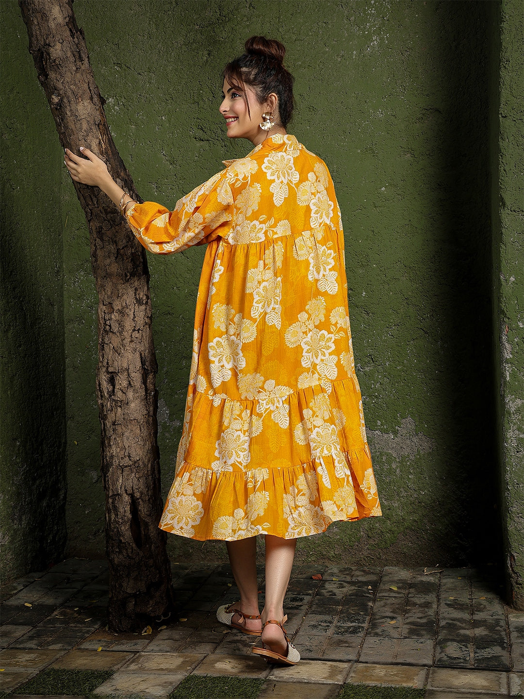 Cotton Knee Length Printed 3/4 Sleeve Shirt Collar Flared Dress
