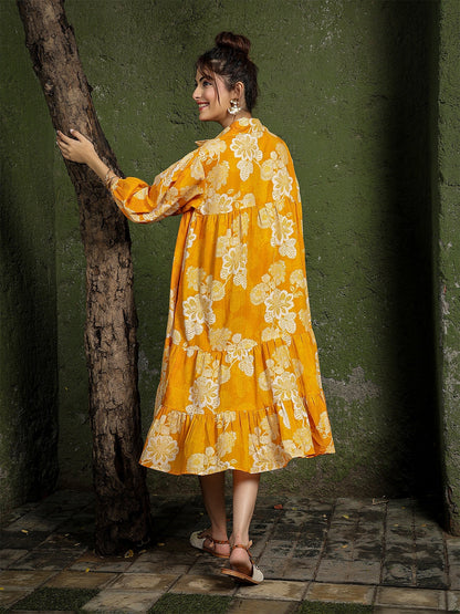 Cotton Knee Length Printed 3/4 Sleeve Shirt Collar Flared Dress