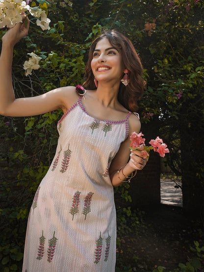 Rayon Calf Length Printed Strappy Sleeve Round Neck Straight Kurta Bottom Set (Preorder)