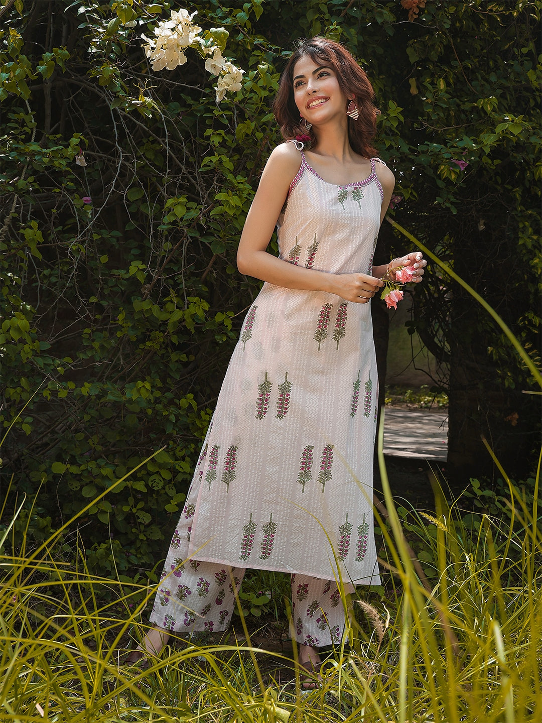 Rayon Calf Length Printed Strappy Sleeve Round Neck Straight Kurta Bottom Set (Preorder)