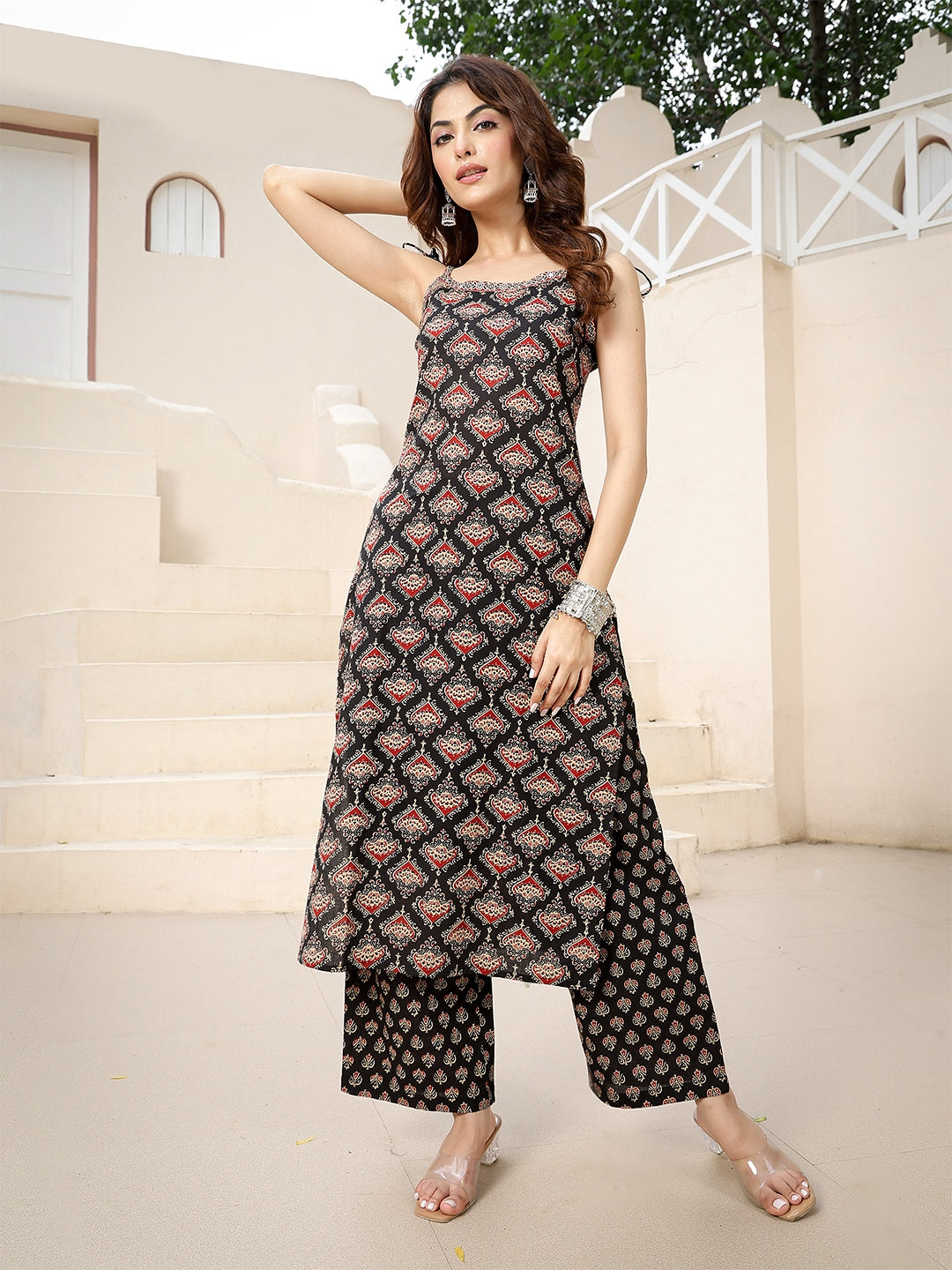 Rayon Calf Length Printed Strappy Sleeve Round Neck Straight Kurta Bottom Set