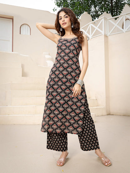 Rayon Calf Length Printed Strappy Sleeve Round Neck Straight Kurta Bottom Set