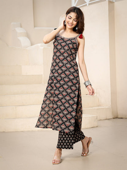 Rayon Calf Length Printed Strappy Sleeve Round Neck Straight Kurta Bottom Set