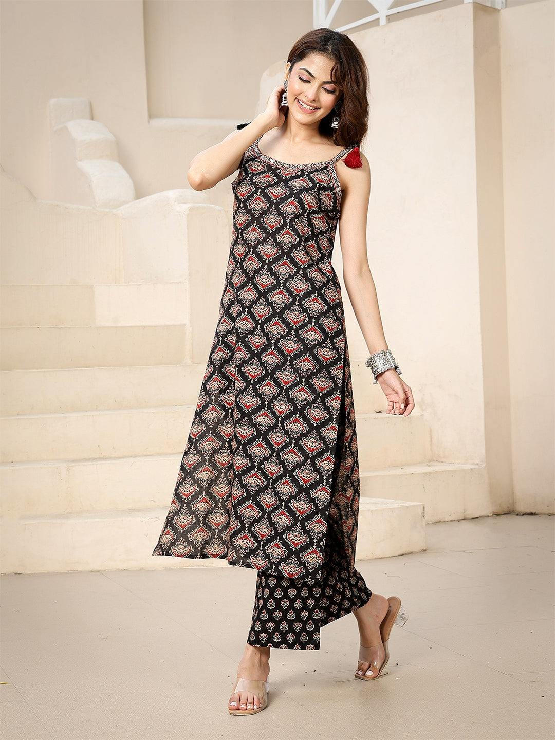 Rayon Calf Length Printed Strappy Sleeve Round Neck Straight Kurta Bottom Set (Preorder)