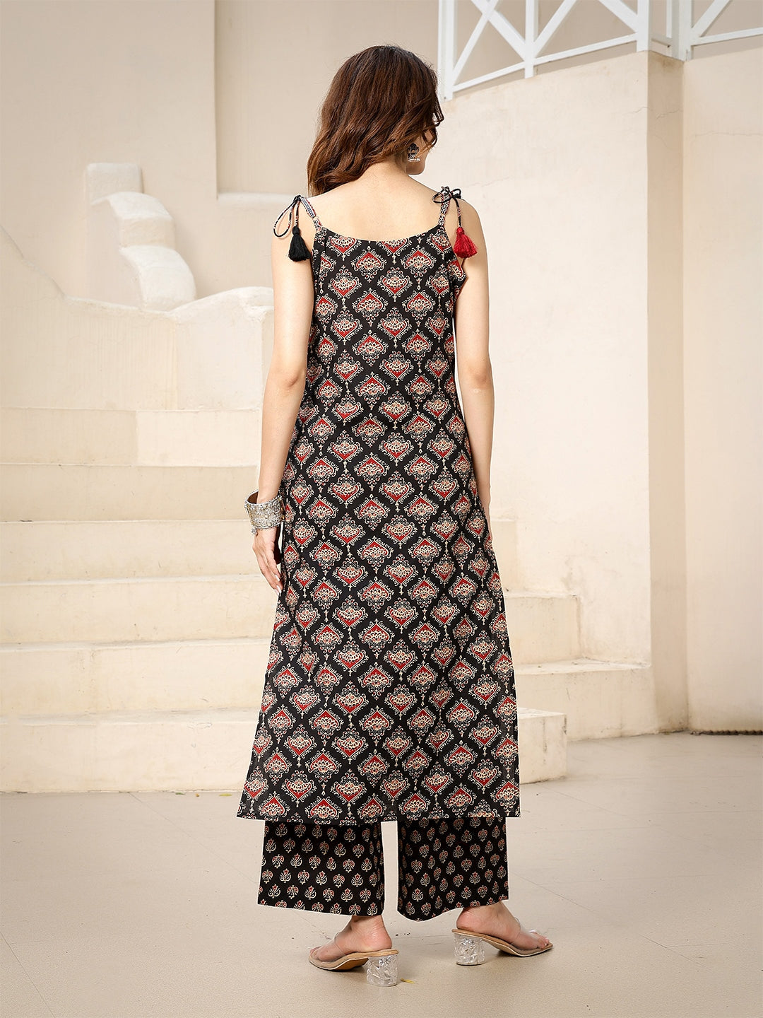 Rayon Calf Length Printed Strappy Sleeve Round Neck Straight Kurta Bottom Set, view 5