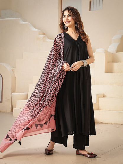 Rayon Calf Length Solid Sleeveless V-Neck A-Line Kurta Suit Set With Dupatta