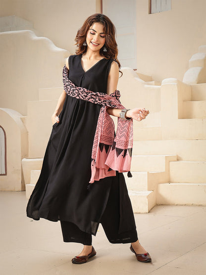 Rayon Calf Length Solid Sleeveless V-Neck A-Line Kurta Suit Set With Dupatta