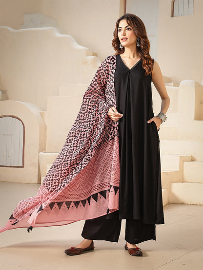 Rayon Calf Length Solid Sleeveless V-Neck A-Line Kurta Suit Set With Dupatta
