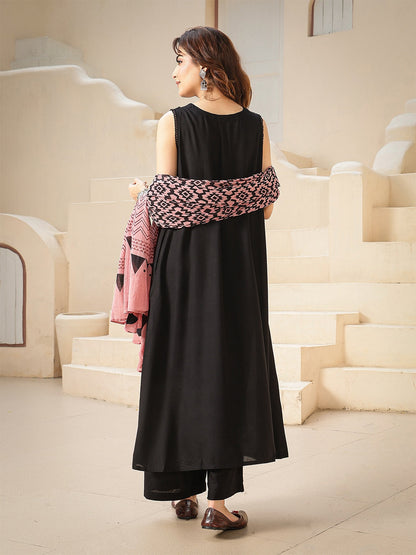 Rayon Calf Length Solid Sleeveless V-Neck A-Line Kurta Suit Set With Dupatta