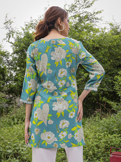 Rayon Hip Length Printed 3/4 Sleeve Round Neck Straight Top