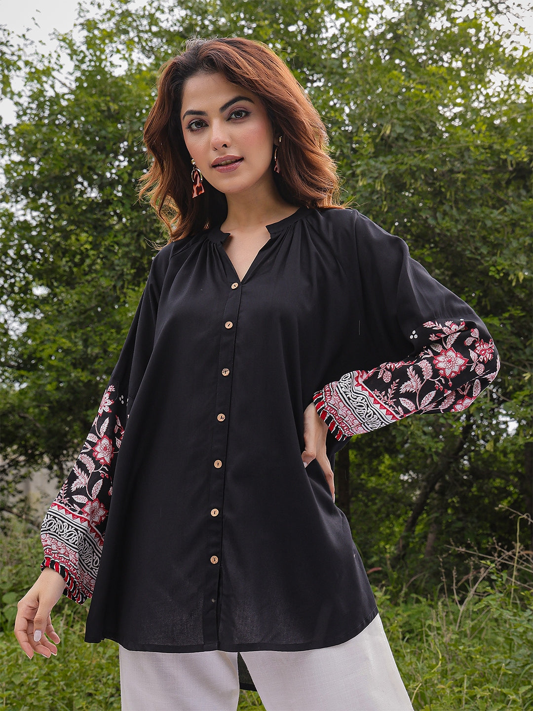 Rayon Hip Length Solid Ballon Sleeve Mandarin Neck Straight Top