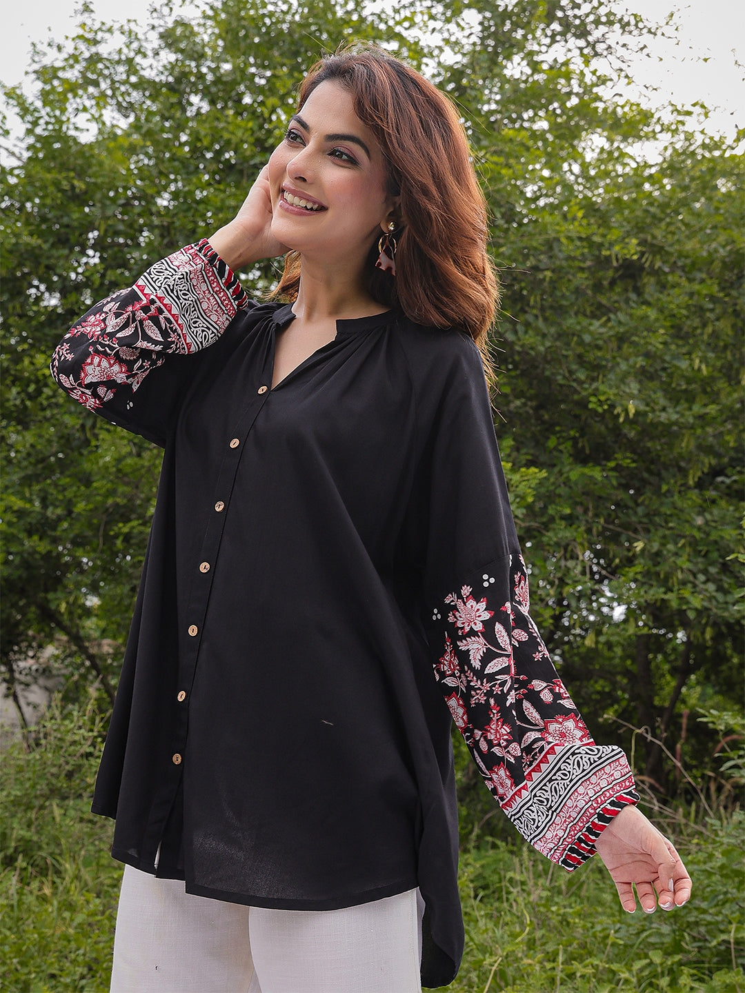 Rayon Hip Length Solid Ballon Sleeve Mandarin Neck Straight Top