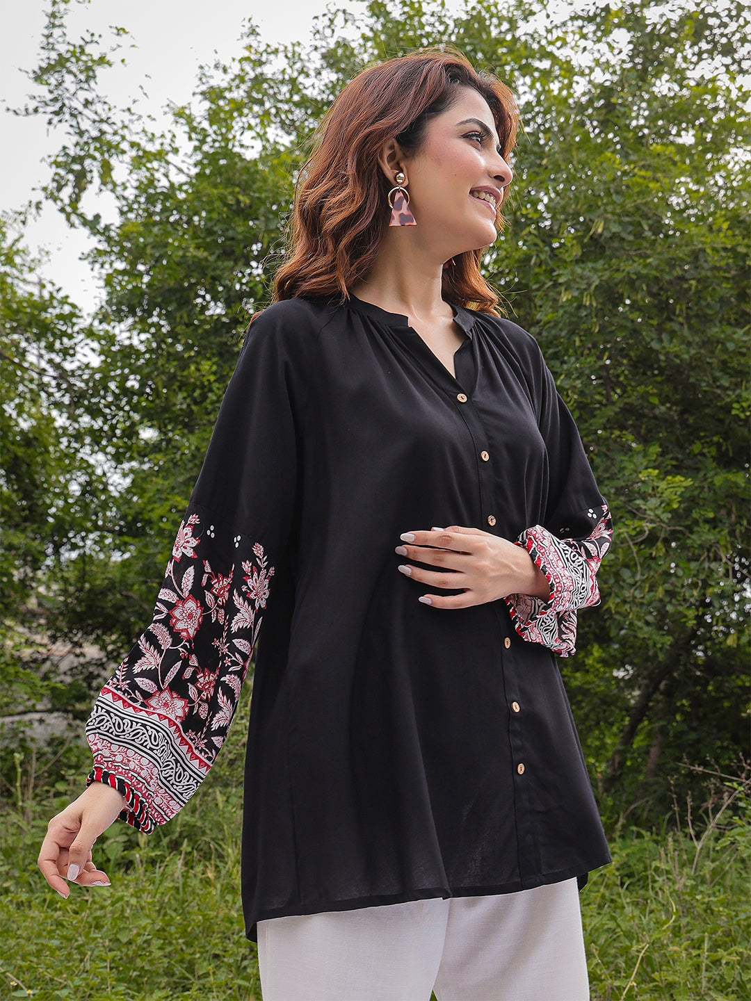 Rayon Hip Length Solid Ballon Sleeve Mandarin Neck Straight Top