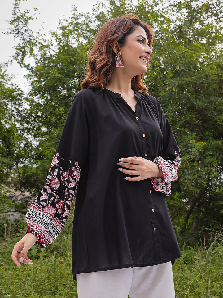 Rayon Hip Length Solid Ballon Sleeve Mandarin Neck Straight Top
