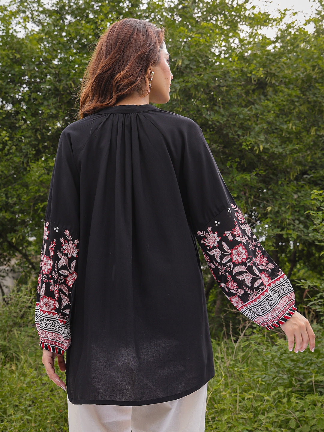 Rayon Hip Length Solid Ballon Sleeve Mandarin Neck Straight Top