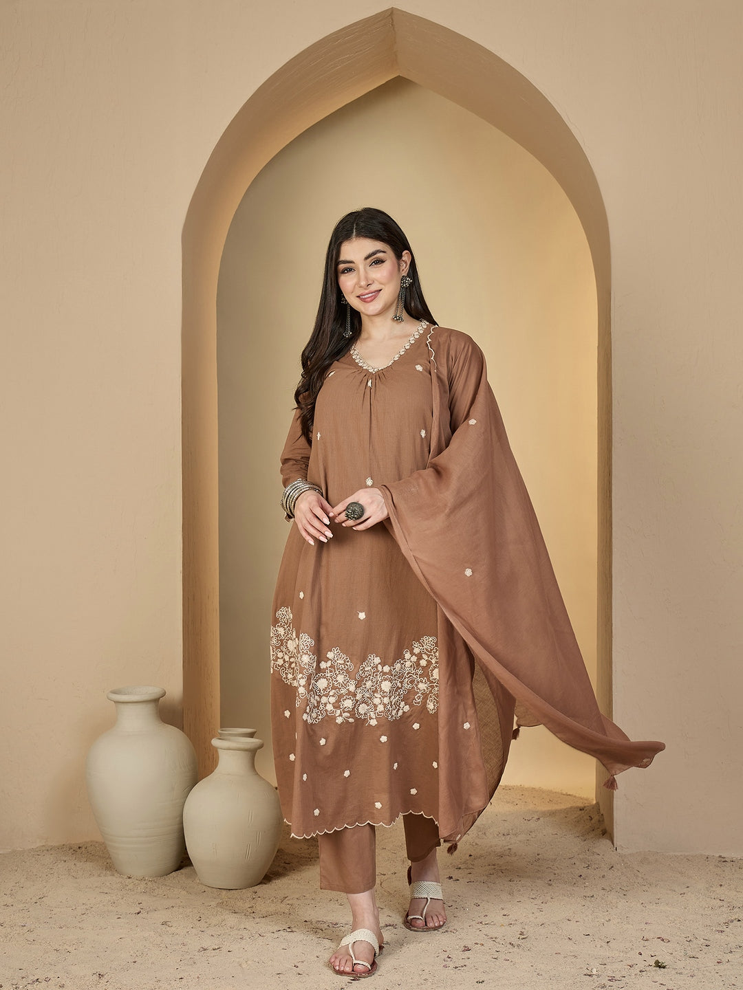 Cotton Calf Length Solid 3/4 Sleeves V-Neck A-Line Kurta Suit Set With Dupatta