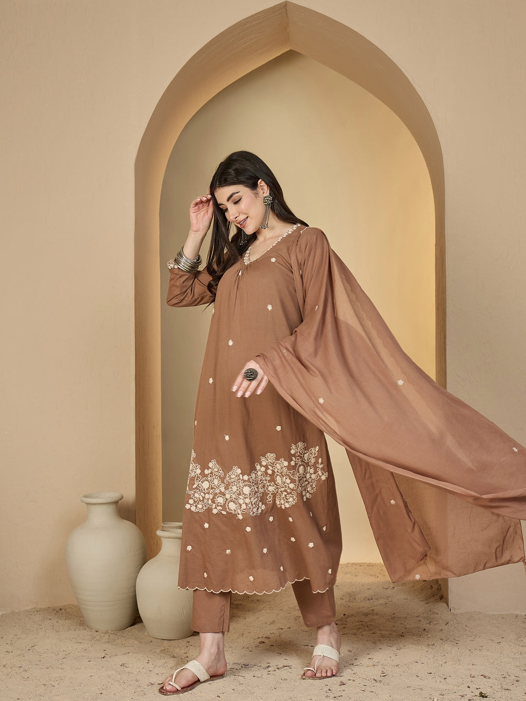 Cotton Calf Length Solid 3/4 Sleeves V-Neck A-Line Kurta Suit Set With Dupatta