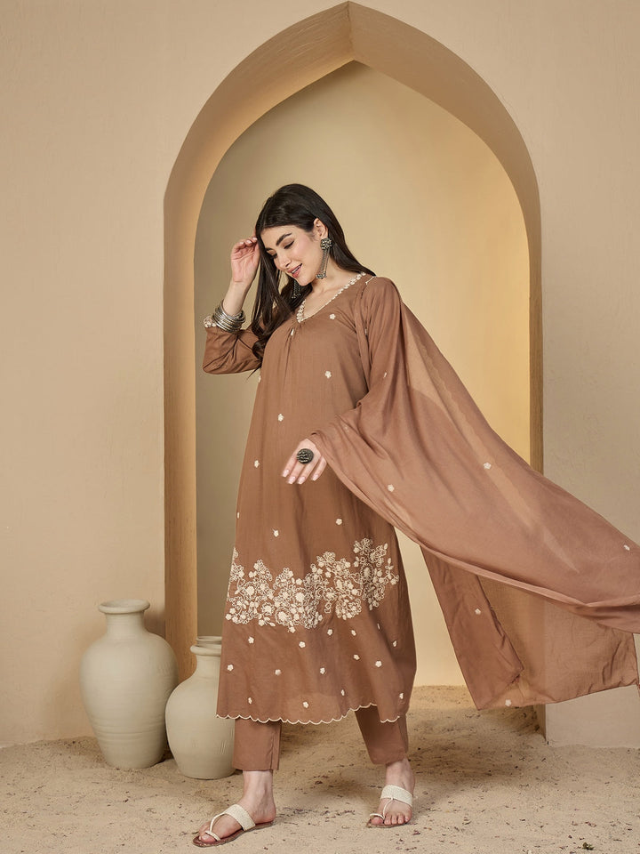 Cotton Calf Length Solid 3/4 Sleeves V-Neck A-Line Kurta Suit Set With Dupatta