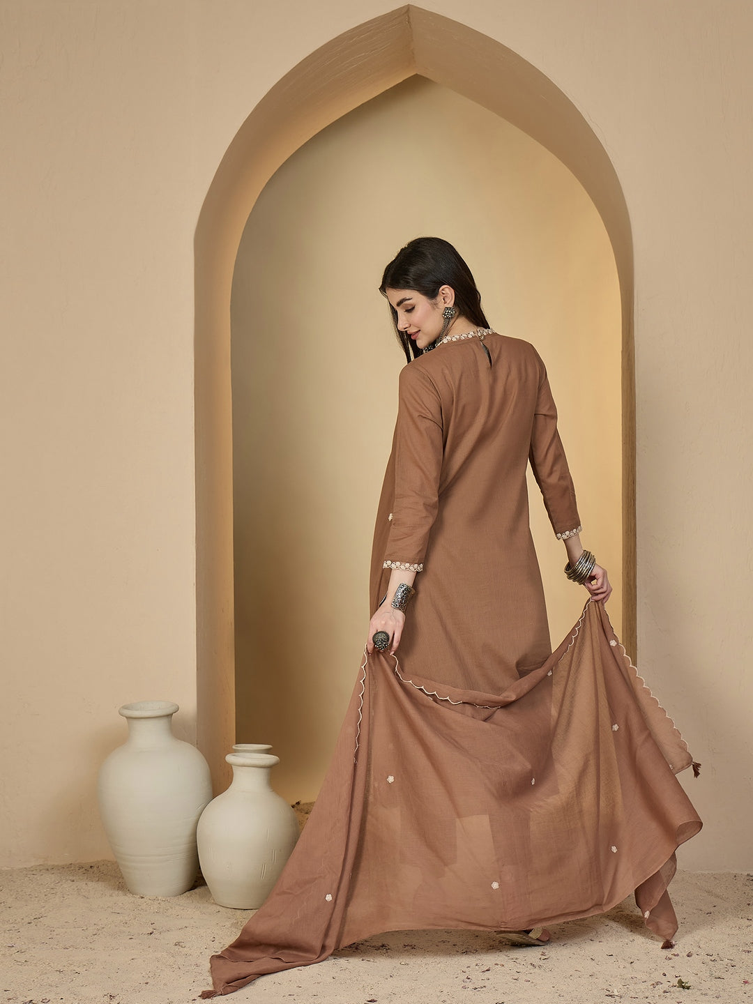 Cotton Calf Length Solid 3/4 Sleeves V-Neck A-Line Kurta Suit Set With Dupatta