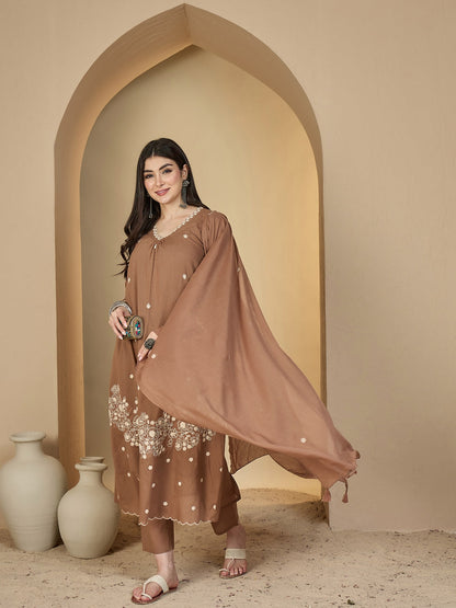 Cotton Calf Length Solid 3/4 Sleeves V-Neck A-Line Kurta Suit Set With Dupatta