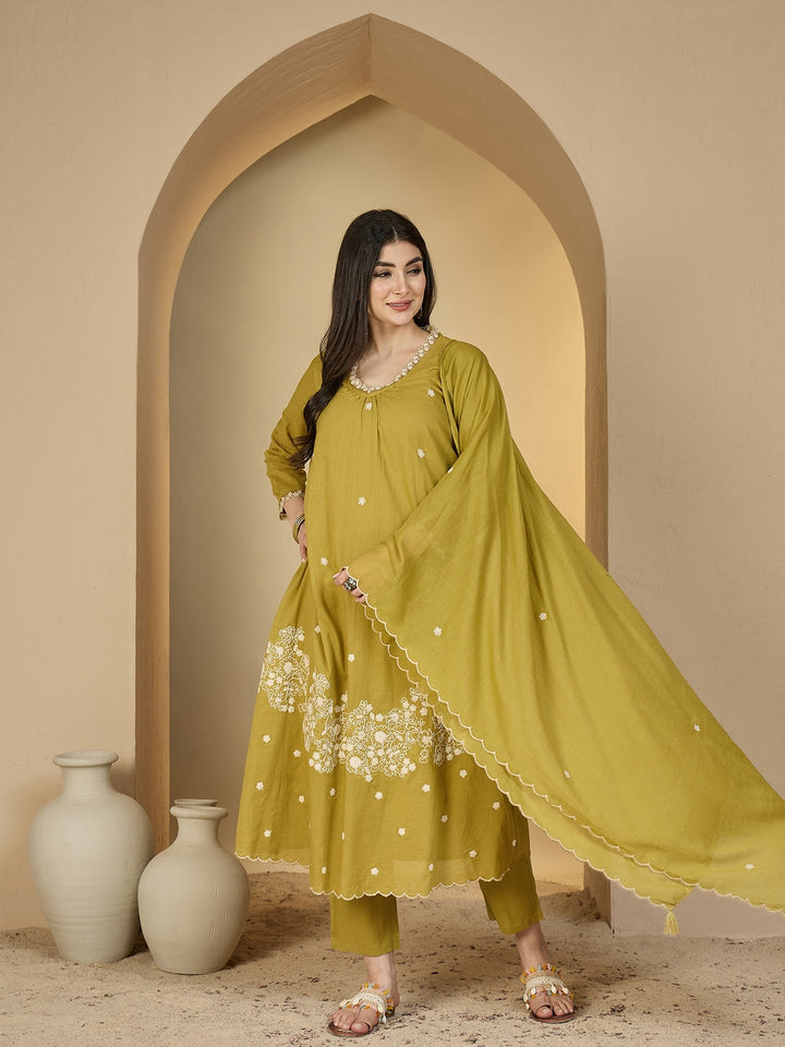 Cotton Calf Length Solid 3/4 Sleeves V-Neck A-Line Kurta Suit Set With Dupatta