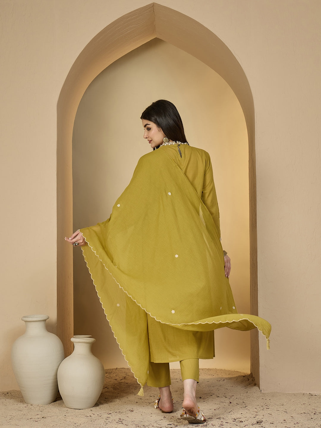 Cotton Calf Length Solid 3/4 Sleeves V-Neck A-Line Kurta Suit Set With Dupatta