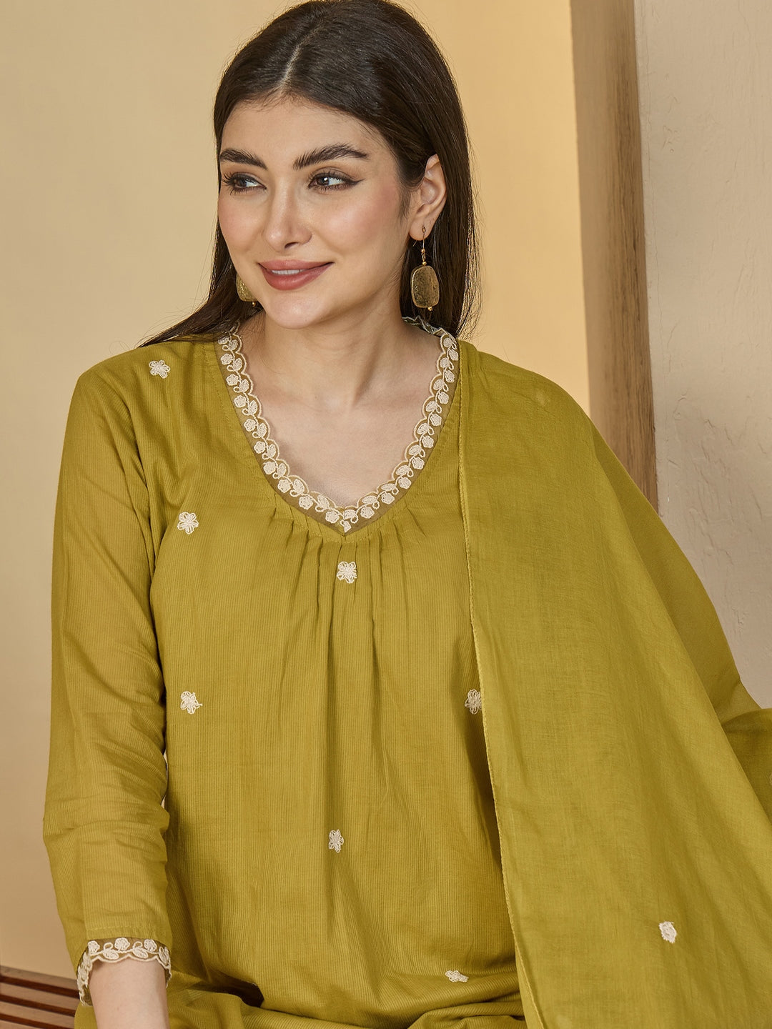 Cotton Calf Length Solid 3/4 Sleeves V-Neck A-Line Kurta Suit Set With Dupatta