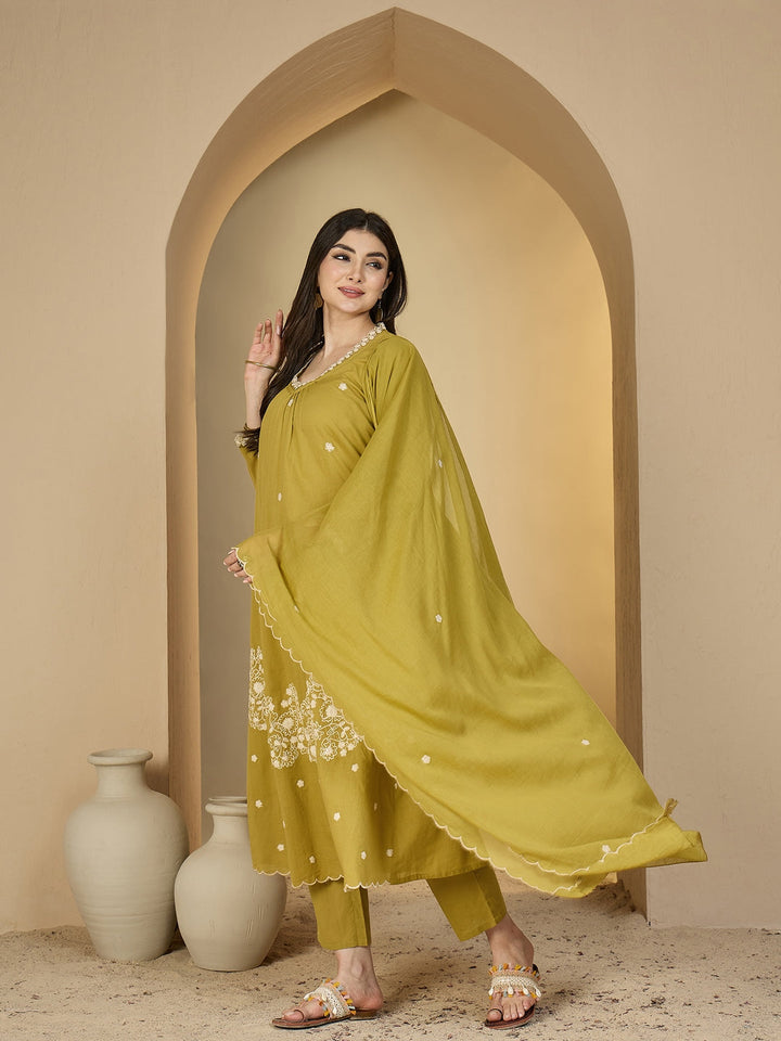 Cotton Calf Length Solid 3/4 Sleeves V-Neck A-Line Kurta Suit Set With Dupatta