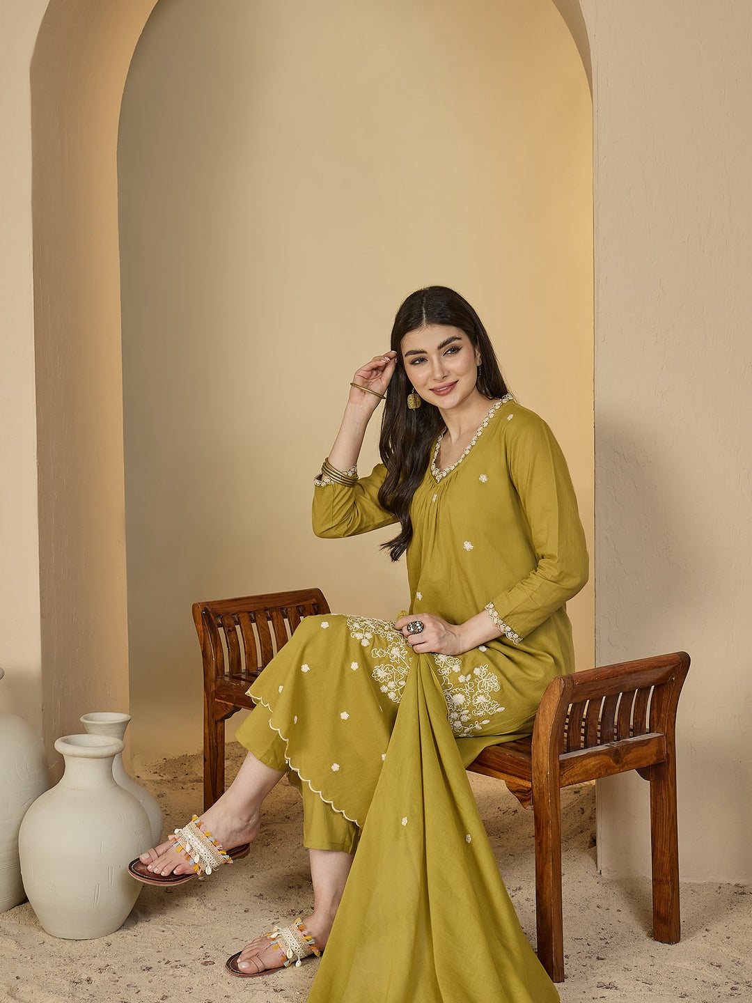 Cotton Calf Length Solid 3/4 Sleeves V-Neck A-Line Kurta Suit Set With Dupatta