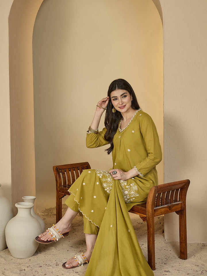 Cotton Calf Length Solid 3/4 Sleeves V-Neck A-Line Kurta Suit Set With Dupatta