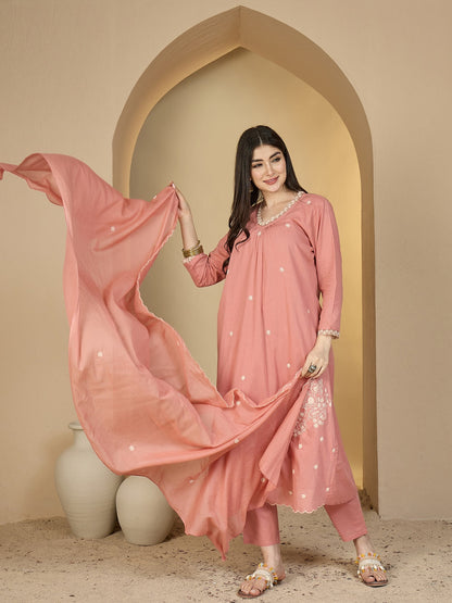 Cotton Calf Length Solid 3/4 Sleeves V-Neck A-Line Kurta Suit Set With Dupatta