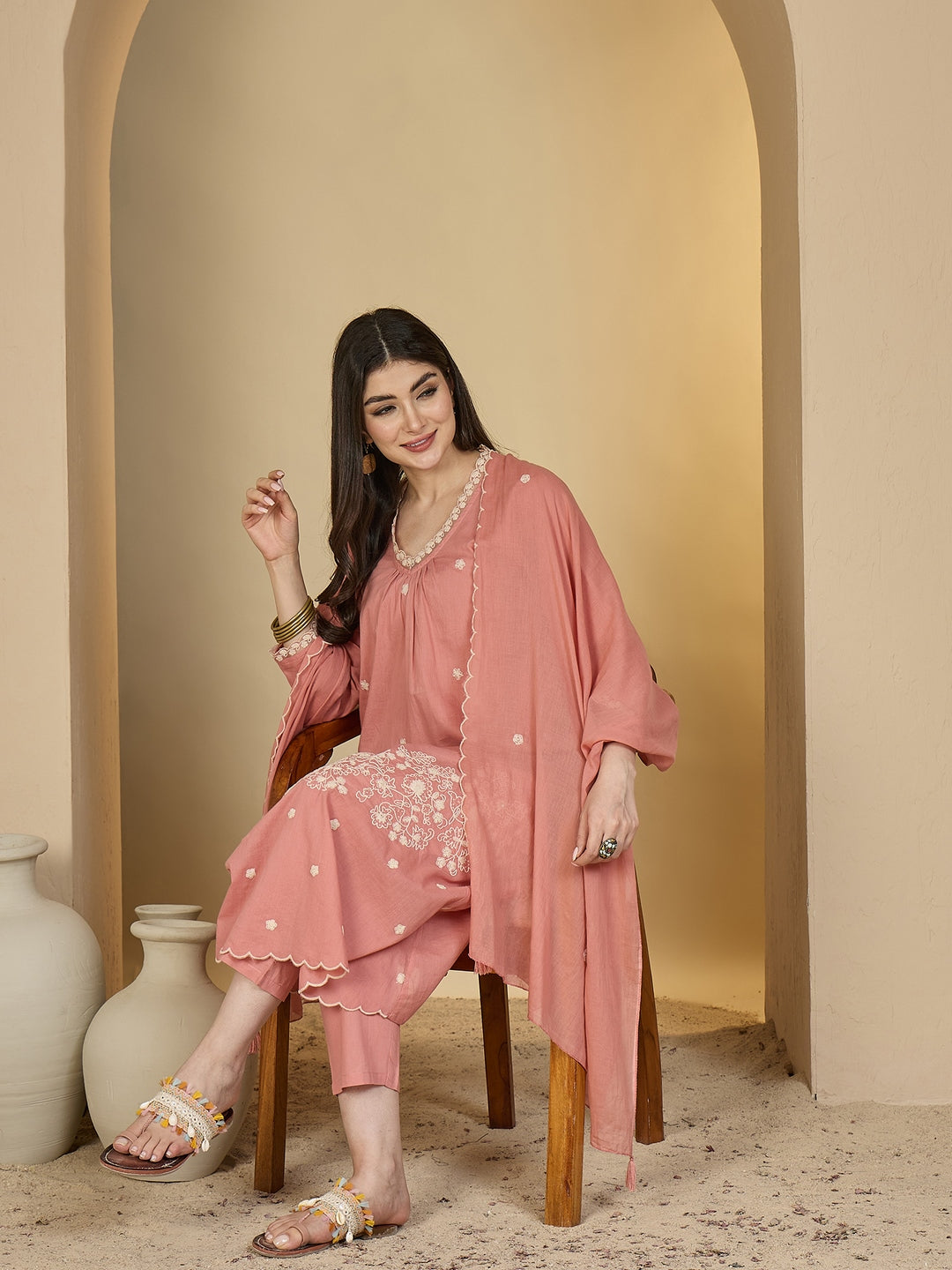 Cotton Calf Length Solid 3/4 Sleeves V-Neck A-Line Kurta Suit Set With Dupatta
