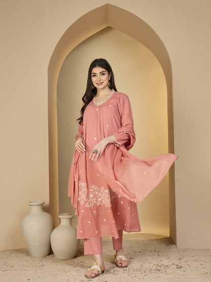 Cotton Calf Length Solid 3/4 Sleeves V-Neck A-Line Kurta Suit Set With Dupatta