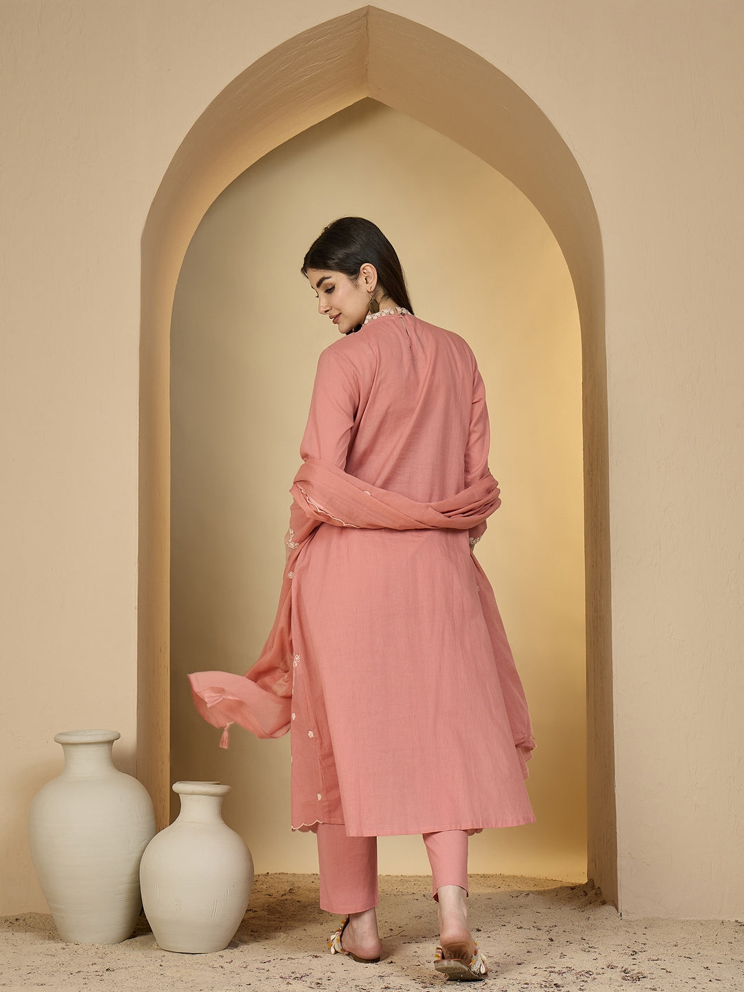 Cotton Calf Length Solid 3/4 Sleeves V-Neck A-Line Kurta Suit Set With Dupatta (Preorder)