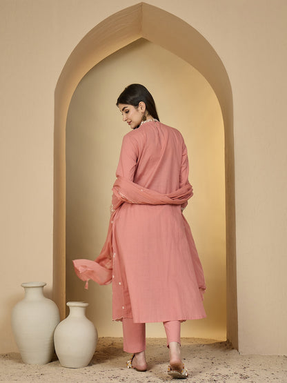 Cotton Calf Length Solid 3/4 Sleeves V-Neck A-Line Kurta Suit Set With Dupatta (Preorder)