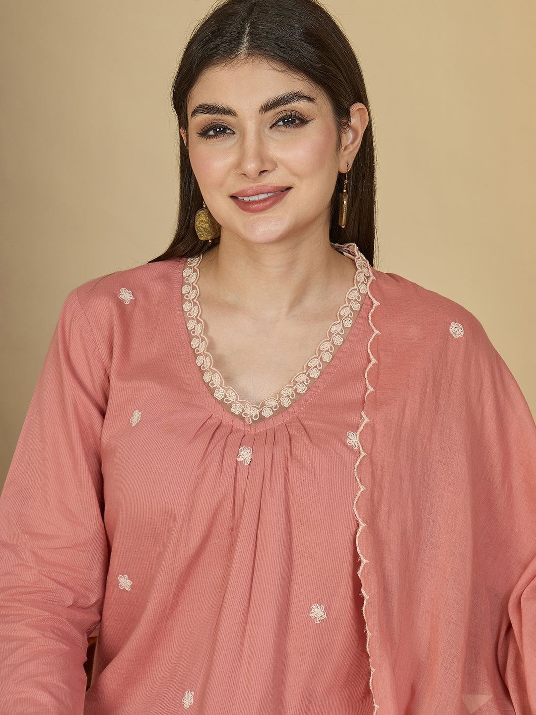 Cotton Calf Length Solid 3/4 Sleeves V-Neck A-Line Kurta Suit Set With Dupatta