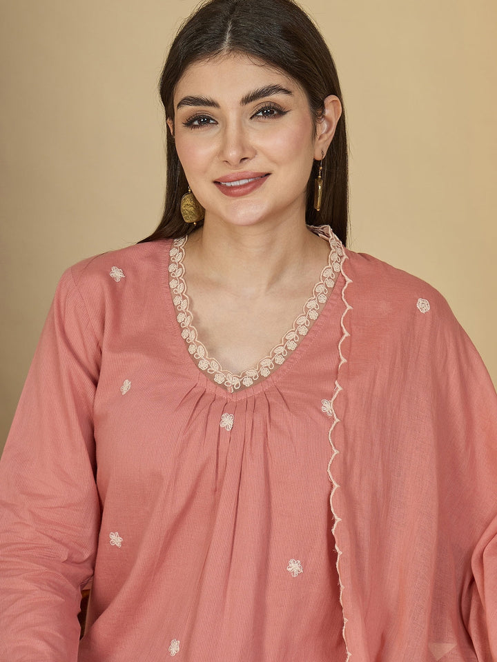 Cotton Calf Length Solid 3/4 Sleeves V-Neck A-Line Kurta Suit Set With Dupatta